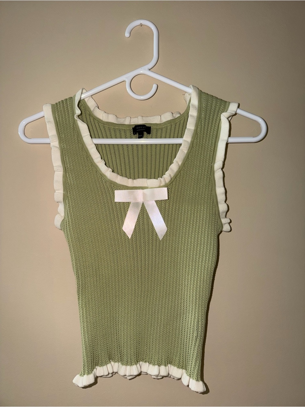debut Olive Green Ribbed Tank with Cream Ruffle and Bow